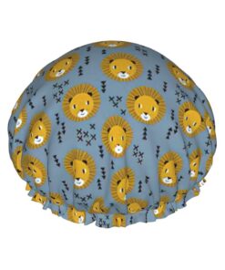 Duschhaube mit Löwenkopf, Löwenkopf, für Kinder, blau, bedruckt, wiederverwendbar, wasserdicht, doppellagig, Duschhaarkappe mit elastischem Band, Einheitsgröße