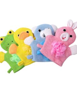 STOBAZA 4 Stück Badhandschuhe Cartoon Motiv Sanfte Peelinghandschuhe für Empfindliche Haut Weiche Waschhandschuhe mit Tierischen Designs Ente Frosch Hase Bär Leicht und Hautfreundlich