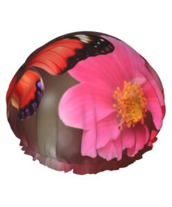 Rote Blume und Schmetterling 1 Druck Duschhaube Doppelschicht Wasserdichte Badekappe Elastische Wiederverwendbare Duschhut Für Frauen Damen Spa Salon