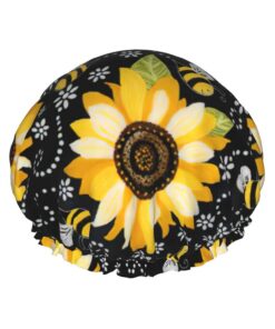 Badekappe mit Sonnenblumen-Bienen-Druck, für langes und kurzes Haar, waschbar, elastisches Band, Badehaarmut für langes Haar, Zopf