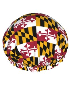 Maryland State Flag Print Large Waterproof Shower Bonnet For Women Long Hair, Washable Elastic Band Bath Hair Hat