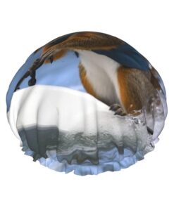 Wasserski Eichhörnchen Duschhaube für Damen und Herren, groß, wiederverwendbar, doppellagig, wasserdicht, Badekappen, elastisches Band, Haarmütze für alle Frisuren, reisefreundlich