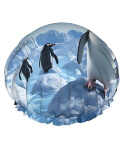 Pinguin-Antarktis-Eisduschkappen für Frauen, wiederverwendbar, wasserdicht, Duschhaube mit elastischem Band, Badehaarmut, doppellagig, dicke Badekappen für Spa, Salon, Reisen