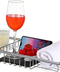 Cabilock Tisch und Dusche, passend für die meisten ausziehbaren Badewannen, europäische Tablett, abnehmbare Kleinteile, goldenes Telefonzubehör, Schwamm, Badezimmertheke, glassicheres Spa-Regal, mit