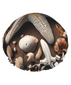 Badekappe mit Seestern und Muscheln für langes Haar und kurzes Haar, waschbar, elastisches Band, Badehaarmütze für langes Haar, Zopf