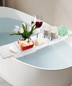 Verstellbares Badewannen-Caddy – erweiterbare, transparente Badewannenbrücke mit Ablauf für Telefon, Weinglas, Kerze, perfekter Badezimmer-Organizer und Entspannung