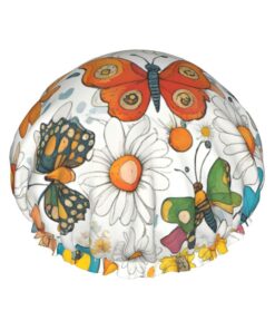 Badekappe mit Schmetterlings-Gänseblümchen-Druck, für langes Haar und kurzes Haar, waschbar, elastisches Band, Badehaarmut für langes Haar, Zopf
