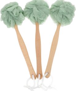 3 Stück Waschball mit Langem Griff, Nylon und Holz, Grün | Baden, Entfernt Staub und Peelt Sanft, als Duschwerkzeug für Männer und Frauen