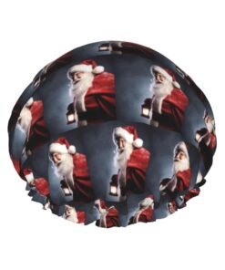 Duschhaube mit Weihnachtsmann-Druck, doppellagig, wasserdicht, elastisch, wiederverwendbar, für Damen, Spa, Salon