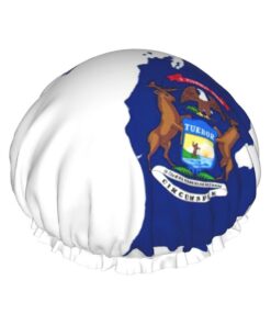 Michigan State Flag Map Print Large Waterproof Shower Bonnet For Women Long Hair, Washable Elastic Band Bath Hair Hat
