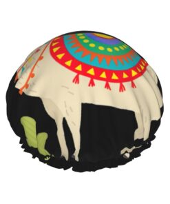 Badekappe mit niedlichem Cartoon-Llama-Kaktus-Druck, für langes Haar und kurzes Haar, waschbares Gummiband, Badehaarmut für langes Haar, Zopf