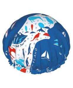 Neuseelandkarte mit Tierdruck, groß, wasserdicht, Duschhaube für Damen, langes Haar, waschbar, elastisches Band, Badehaarmut