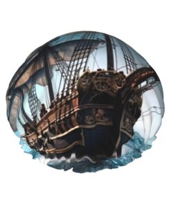 Piratenschiff Druck Duschhaube Doppelschicht Wasserdichte Badekappe Elastische Wiederverwendbare Duschhut Für Frauen Damen Spa Salon