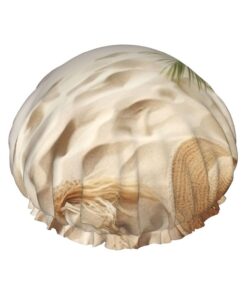 Sandstrand Palme bedruckte Duschhaube für Frauen, doppellagig, wasserdicht, Badehut, wiederverwendbare Badekappen, elastischer Haarschutz, Damen, Spa, Salon, Baden, Duschhut