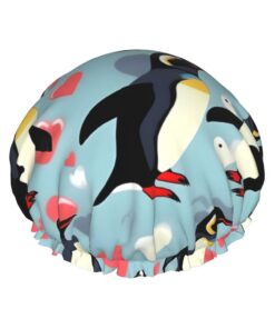 Duschhaube mit Aufschrift "I Love Penguins", groß, waschbar, elastisches Band, Badehaar, Duschhaube