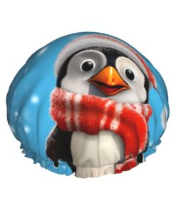 Weihnachtliche lustige Pinguin-Duschhaube, wiederverwendbar, wasserdicht, Duschhaube für Damen und Herren, elastisches Band, Badehaarmütze, doppellagig, waschbar, Badekappe für alle Frisuren