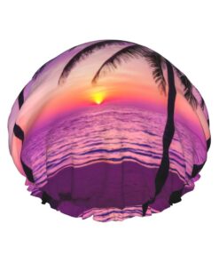 Badekappe mit Palmen-Silhouette bei Sonnenuntergang bedruckt, für langes Haar und kurzes Haar, waschbares Gummiband, Badehaarmut für langes Haar, Zopf