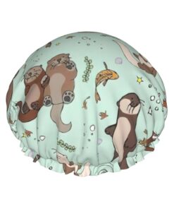Cartoon Cute Otter Print Large Waterproof Shower Bonnet For Women Long Hair, Washable Elastic Band Bath Hair Hat