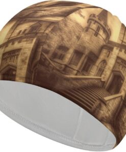 Wasserdichte Badekappe, Unisex, für Erwachsene, Vintage-Stil, mittelalterliches Schloss, Stoff, lange Haare, rutschfest, hohe Elastizität, Badekappe für Erwachsene