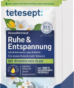tetesept Meersalz Ruhe & Entspannung – Gesundheitsbad für ein Gefühl innerer Ruhe mit ätherischen Ölen – Wohltuender Badezusatz mit natürlichem Meeressalz – 10 x 80 g