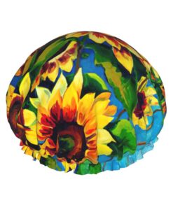 Badekappe mit Sonnenblumen-Aufdruck, für langes und kurzes Haar, waschbar, elastisches Band, Badehaarmut für langes Haar, Zopf