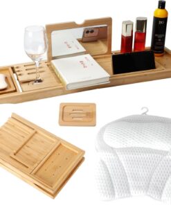Badewannentablett, Tisch mit Spiegel und Badewannenkissen, erweiterbar und faltbar, Bambus-Badewannentablett für Badewanne, weiches und 4D-Netz, Badewannenkissen, luxuriöses Badzubehör, Spa-Geschenke