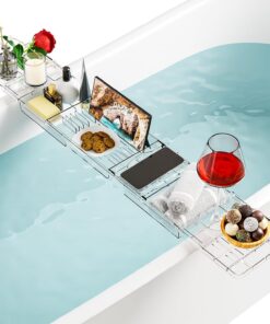Yieach Iuxury Badewannentabletts für Badewanne, erweiterbares Badewannenregal über der Badewanne, transparenter Badewannentisch, Badewannenbrett, Badewannen-Caddy und Badewannen-Zubehör für Frauen