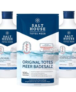 SALTHOUSE Basispflege-Bundle für trockene Haut bestehend aus Original Totes Meer Badesalz (500g) + Duschgel (250ml) + Körperlotion (250ml)