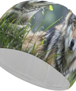 Badekappe Wolf auf dem Gras, hohe Elastizität, passend für langes Haar, kurzes Haar, bequem, große Duschhaube zur Reduzierung des Widerstands und Haarschutz