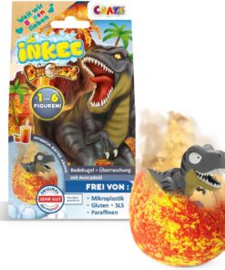 INKEE SURPRISE DINO Badekugel Kinder mit Überraschung, Ei-Form Badebombe Kinder 100g mit Dinosaurier Figuren, Pfirsich-Eistee Aroma und Avocado-Öl | Badeball mit Überraschung Dinosaurier Sammlerstück, Pfirsichduft, Avocadoöl, Dermatest zertifiziert