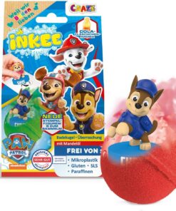 INKEE PAW PATROL Badebombe Kinder mit Überraschung - 80g Badekugel | Pflegender Badezusatz mit Cola Duft & Mandelöl , 1 von 6 Stempeln, Dermatest Sehr Gut, ohne Mikroplastik, ideal als Geschenk