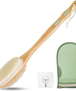 Bearona Körperbürste mit Peeling-Handschuh, doppelseitiger langer Griff mit weichen und steifen Naturborsten, Duschpeeling zur Entfernung abgestorbener Haut, Körperpeeling für Bad oder Trockenbürste