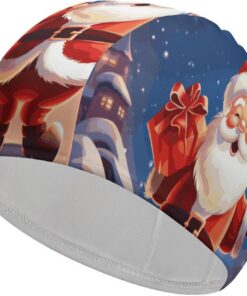 Badekappe mit Weihnachtsmann-Motiv, hohe Elastizität, passend für langes Haar, kurzes Haar, bequem, große Duschhaube für Zugreduzierung und Haarschutz