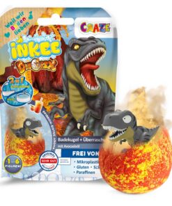 INKEE SURPRISE DINO | Badekugeln Kinder mit Überraschung , Ei-Form Badebombe 100g mit Dinosaurier Figuren , Apple Ice Tea Aroma | Pfirsich-Eistee Duftende Badezusatz Eier mit Avocado-Öl, Dermatest Sehr Gut, 2x 100g Ei-Form Badekugel für Jungen & Mädchen