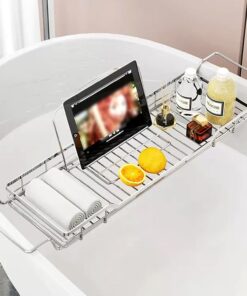 Badewannenablage Einstellbarer Badewannenschalenregal, wasserdichte Badewanne Tischhalter Passen in die Meisten Wannen. Lagerschale aus Rostfreiem Stahl, Badewanne Zubehör