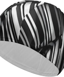 Badekappe mit schwarz-weiß karierten Streifen, hohe Elastizität, passend für langes Haar, kurzes Haar, bequem, große Duschhaube für Zugreduzierung und Haarschutz