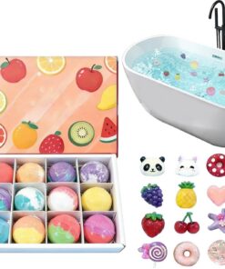 Kids Bath Fizzies Set, Fruit Bath Bomb Collection, 12 Piece Colorful Bubble Baths Balls with Hidden Toy Surprise System, Child Friendly Baths Fun Design, Bathroom Spa Use