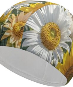 Badekappe mit Sonnenblumen, Gänseblümchen, Rose, hohe Elastizität, passend für langes Haar, kurzes Haar, bequem, große Duschhaube zur Reduzierung des Widerstands und Haarschutz