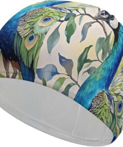 Badekappe mit Pfauen-Aquarellmalerei, hohe Elastizität, passend für langes Haar, kurzes Haar, bequem, große Duschhaube für Zugreduzierung und Haarschutz