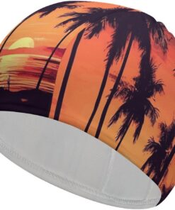 Palmen-Badekappe für Sommer, Sonnenuntergang, hohe Elastizität, passend für langes Haar, kurzes Haar, bequem, große Duschhaube für Zugreduzierung und Haarschutz