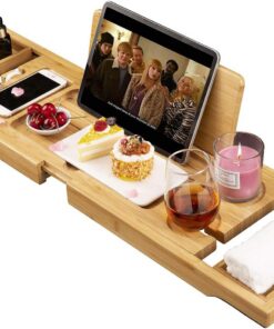 Premium Bambus Badewannentisch, erweiterbares Badewannen-Caddy Tablett, Badewannentisch Rack mit Buch Wein Telefonhalter (2 verschiebbare Tabletten)