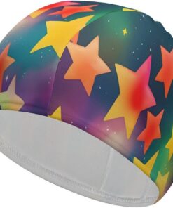 Badekappe mit bunten Regenbogen-Sternen, hohe Elastizität, passend für langes Haar, kurzes Haar, bequem, große Duschhaube zur Reduzierung des Widerstands und Haarschutz