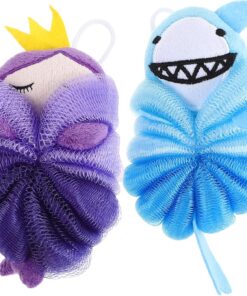 OUNONA 2er-Pack Badeschwämme für Kinder und Kleinkinder – Niedliche Cartoon-Badeschwämme – Luffa-Schwamm zum Körperpeeling Netzschwämme zum Duschen und Peelen mit Hai- und Meerjungfrauenmotiven