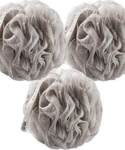 MainBasics Bath Shower Loofah Sponge Pouf Body Wash Scrubber (Set of 3) (Totally Taupe)
