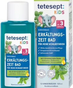 tetesept Kids Erkältungszeit Bad, Kinderbadezusatz, 125 ml | Mit 4 ätherischen Ölen, Eukalyptus- & Pfefferminzöl, Kiefernnadel- & Fichtennadelöl, vegan