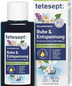 tetesept Ruhe & Entspannung Bad, Badezusatz, 125 ml | Gesundheitsbad mit 5 ätherischen Ölen, für innere Ruhe & mehr Balance, Hautpflege Formel