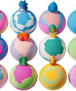 Badebälle mit Spielzeug 12 Stück bunt schäumend in Regenbogenfarben | als kleine Geschenke für die ganze , , und Mädchen