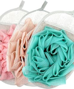 Netz-Badeschwammhandschuhe mit Blumen-Pouf-Bällen – Peeling-Duschbürsten für sanftes Körperpeeling und Tiefenreinigung, 3 Stück