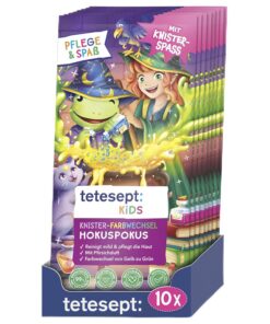 tetesept KIDS Knister-Farbwechsel Hokuspokus – 10 x 45 g – Pflegender Badezusatz mit fruchtigem Pfirsichduft für Kinder - Knisterbad mit magischem Farbwechsel