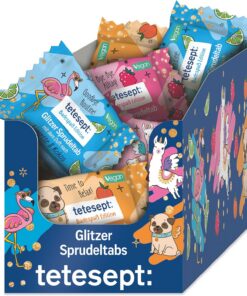 tetesept Badespaß Edition Glitzer Sprudeltab, 30 Stück | Fruchtig-frische Düfte, magischer Glitzereffekt, pflegende Rezeptur, vegan, frei von Mikroplastik